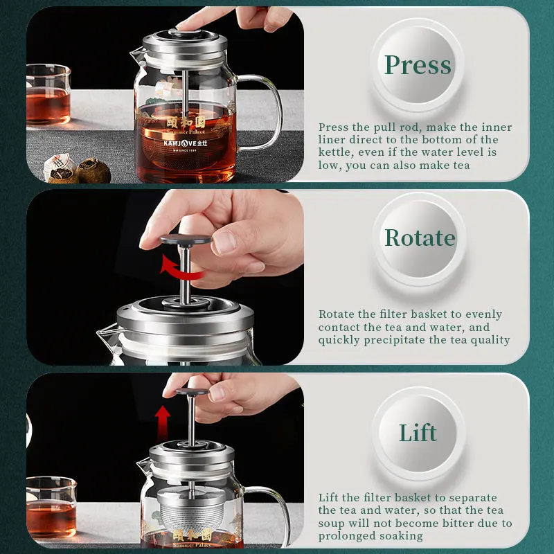 KAMJOVE Heat-Resistant Glass Tea Kettle with Infuser,Tea Pot with Separation Kettle Press Pu 'er Pot,304 Stainless Steel Filter