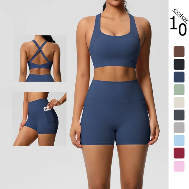 2 pièces vêtements de sport avec poche Yoga ensemble vêtements de sport costumes de Yoga pour femmes survêtements Shorts de sport soutien-gorge croisé Leggings de gymnastique 1