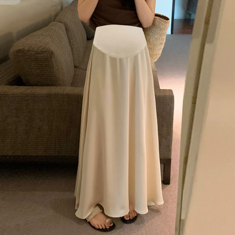 Korean Style Maternity Belly Skirts High Waist Long Design Pregnant Woman A-line Skirts Solid Color Pregnancy Umbrella Skirt