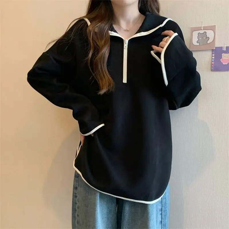 Women Trendy Simple Casual Patchwork Oversized Streetwear Half Zipper Hooded Sweatshirts Female Y2K Long Sleeve Pullover Hoodies