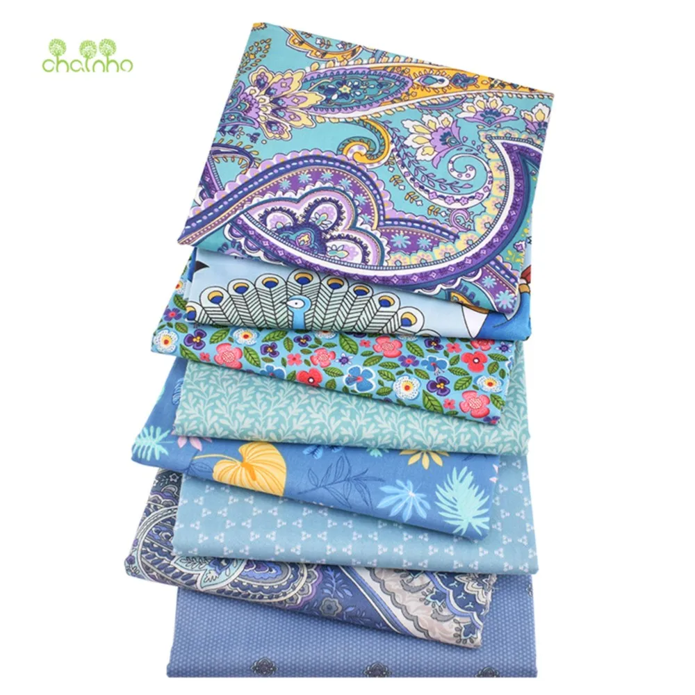 Chainho,Printed Twill Weave Cotton Fabric,Patchwork Cloth,DIY Quilting Sewing Material,Blue Floral Series,4 Specification,CC046