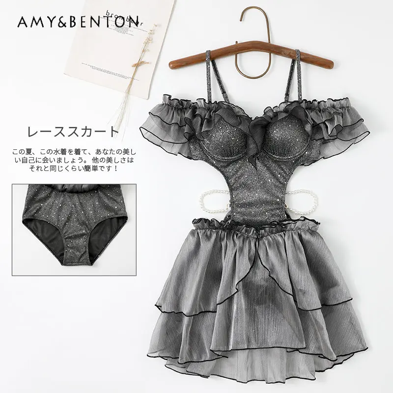 

2023 New Summer Sexy Women Gathering Small Chest Steel Bracket Bikini Swimsuit High-Grade Black Vacation Swimming Suit for Women