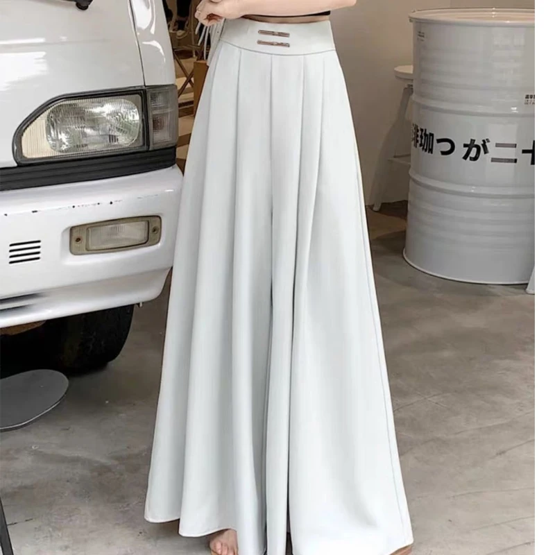 Summer New Solid Color Thin Ventilate Wide Leg Trousers Women High Street Casual Elastic Waist High Waist Pleated All-match Pant