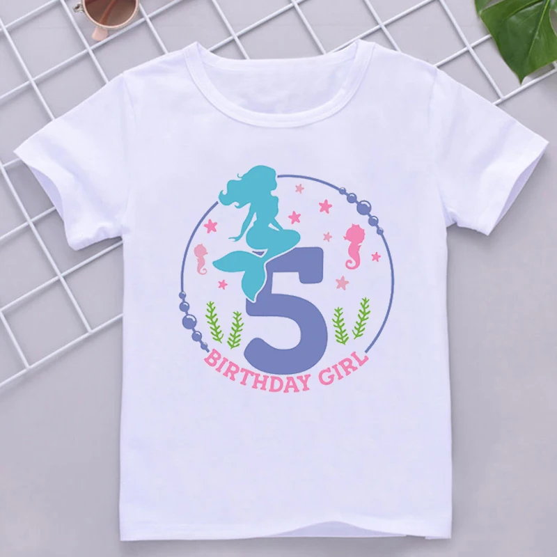 

2022 Kawaii Mermaid Seahorse Number Tshirt 4-9th Birthday T Shirt Kids Clothes Girl T-Shirt Short Sleeve T-Shirts Tees Top