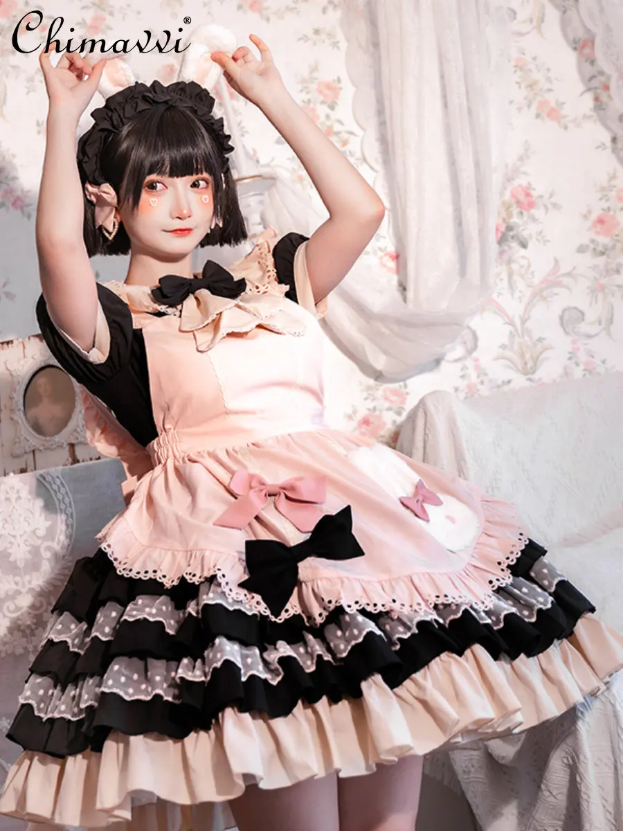 

fashionable Lolita Rabbit Ear Cute Pink Maid Suit Female Black Pink Color Matching Bow Puff Sleeve A- Line Cake Dress Women