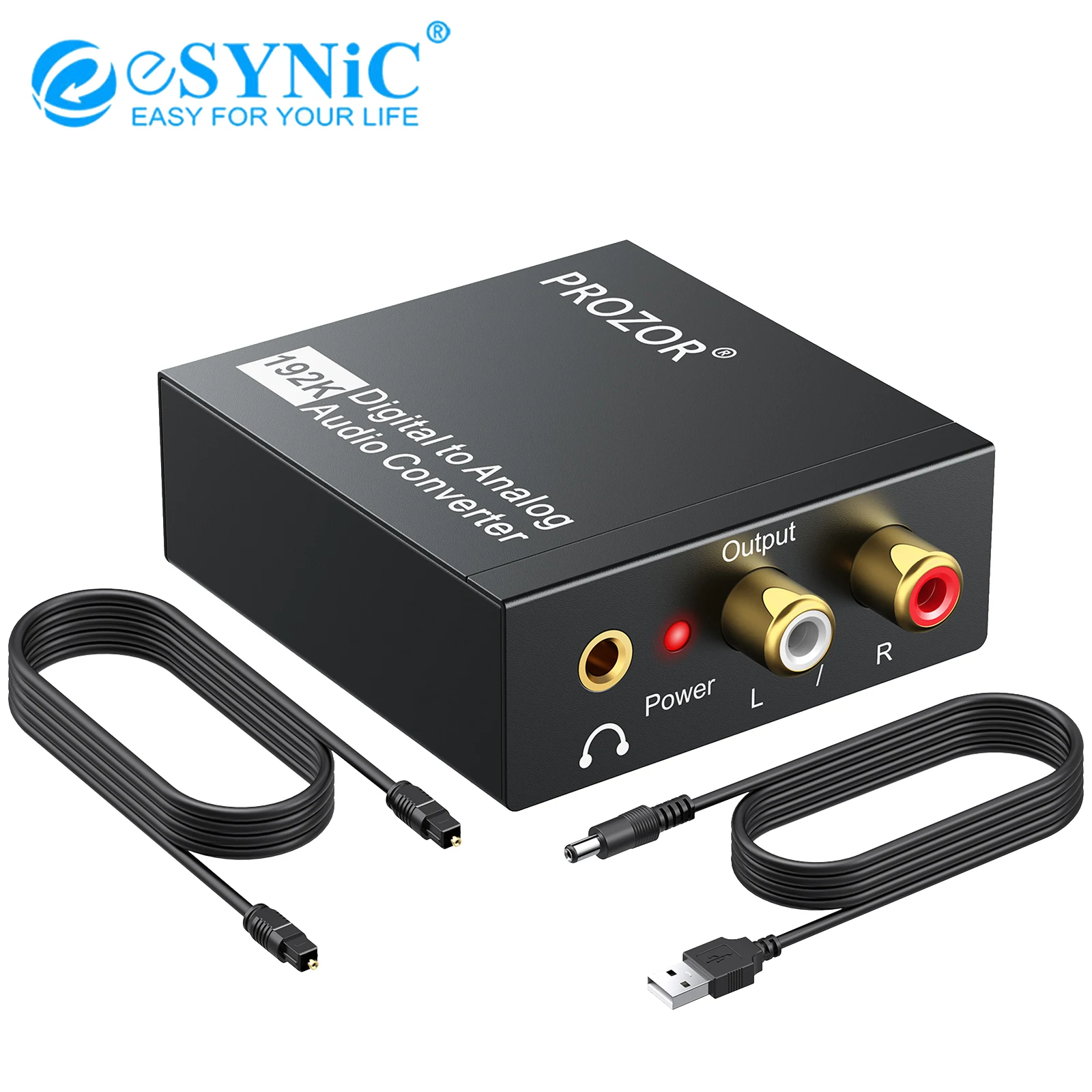 eSYNiC 192kHz DAC Converter Digital SPDIF Toslink to Analog Stereo Audio  R/L Converter Adapter with Optical Cable for DVD Sky HD