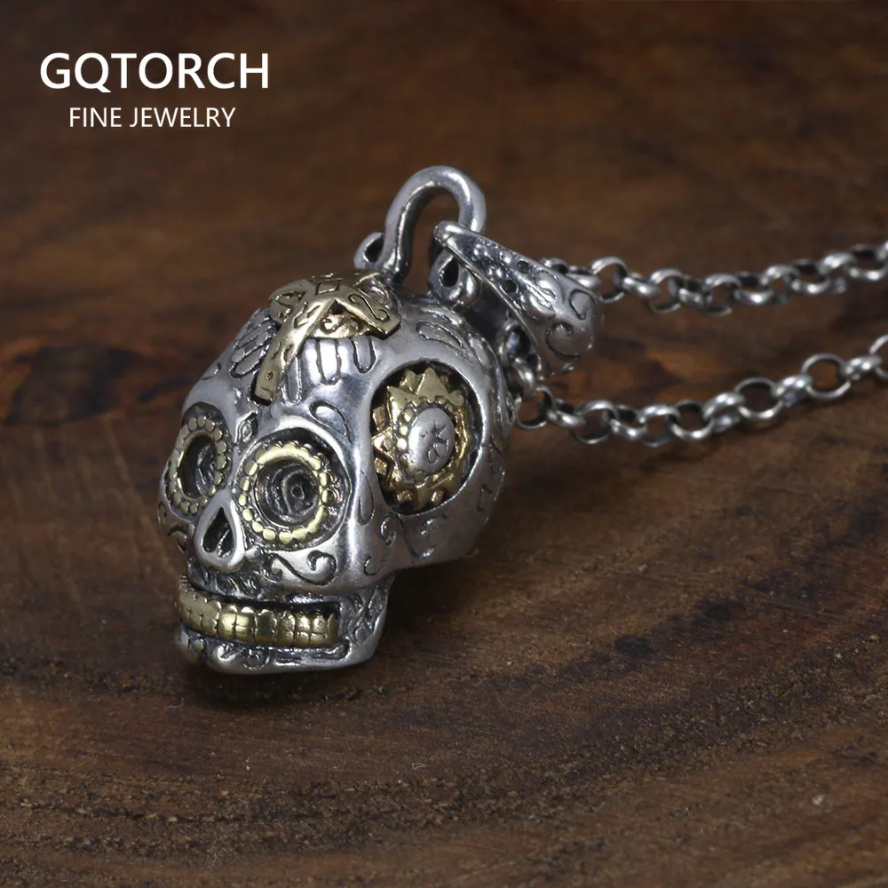 

925 Sterling Silver Sugar Skull Pendant Thai Silver Antique Style Cool Personality Gothic Skeleton Pendant for Men And Women