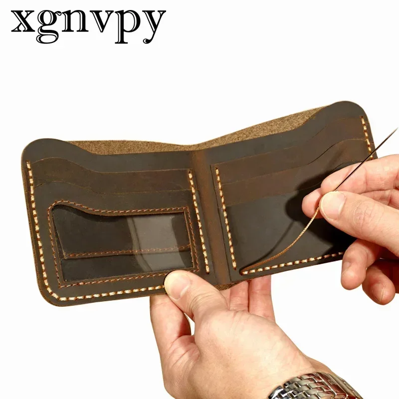 xgnvpy Fashion Genuine Leather Men's Wallet Retro Handcrafted Purse Durable Real Leather Coin Holder for Gentlemen 5
