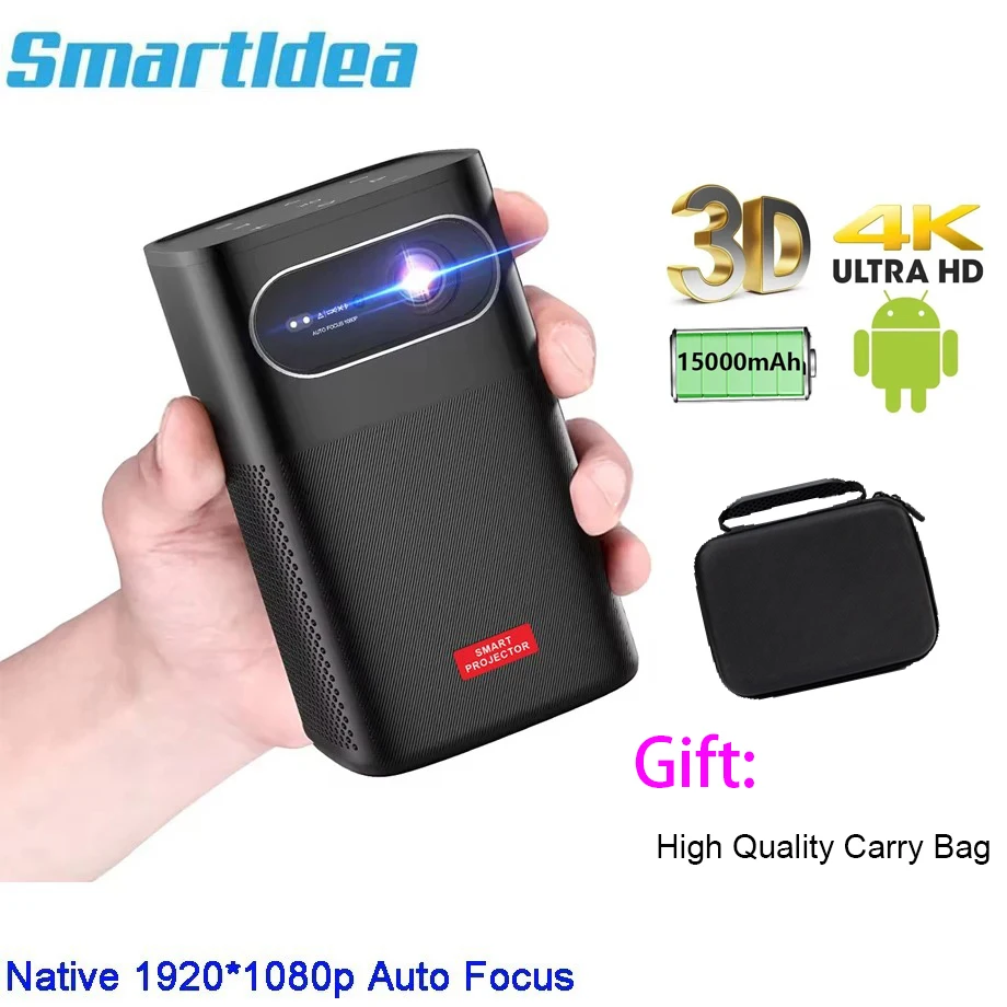 Smartldea native 1920x1080p full hd projector build in 15000mAh battery portable projector mini projector video projector for camping outdoor business presentation
