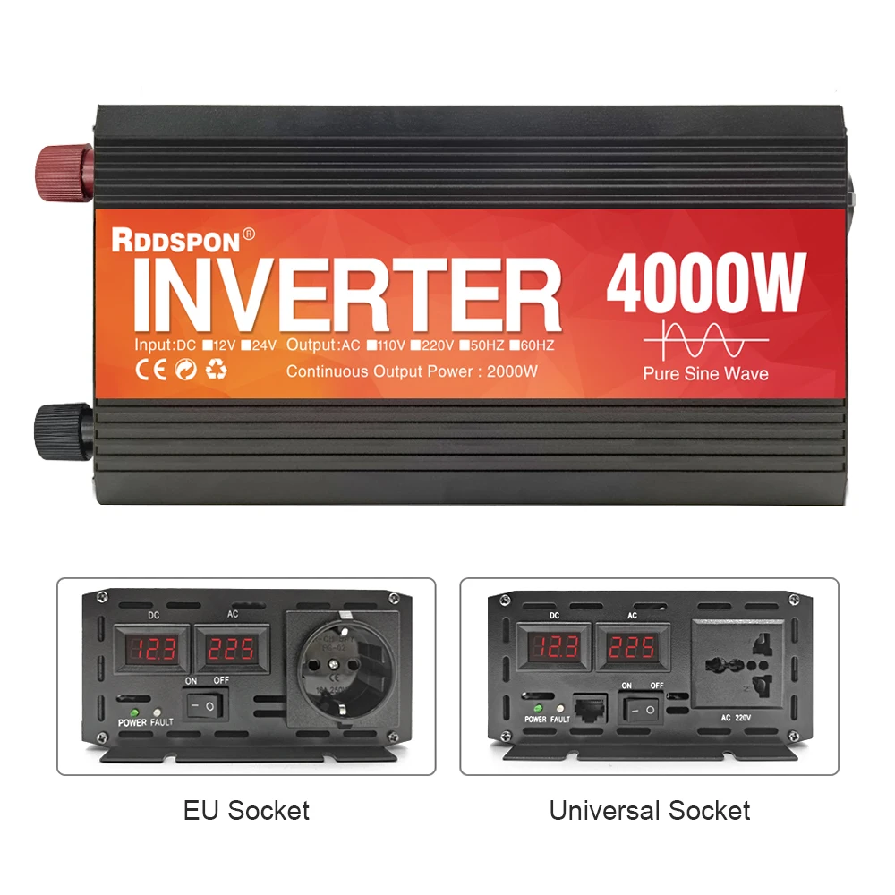 RDDSPON 순수 사인파 인버터 4000W 3000W DC 12V 24V 48V 60V에서 AC 220V 50Hz 60Hz 전력 변환기 태양광 자동차 인버터 변환기