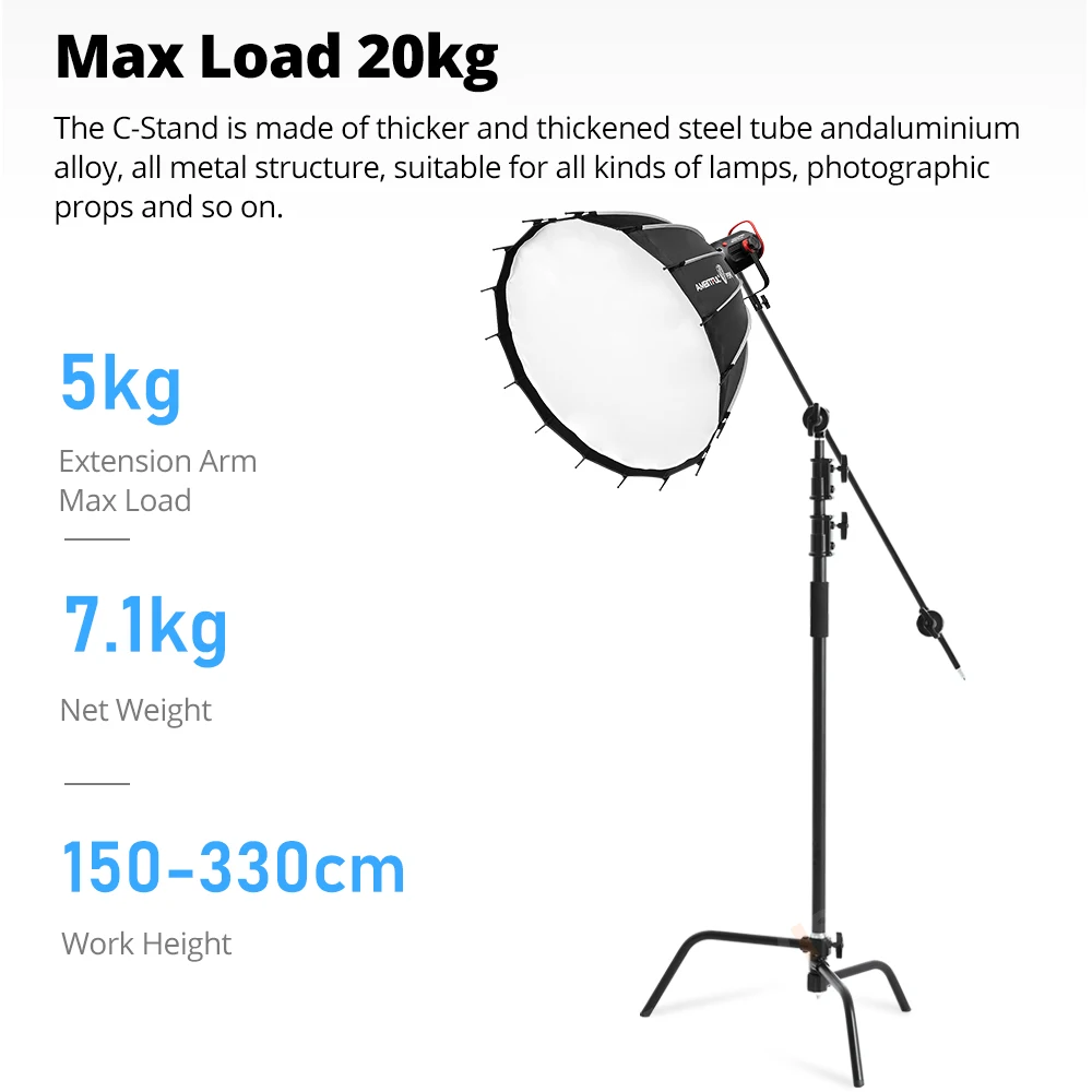 150-330cm Black Heavy Duty Multi-functional C-Stand Adjustable Light Stand Load 20KG for Photography Flash Strobe Flag Reflector