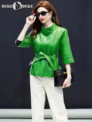 Spring Office Ladies Genuine Leather Jacket Stand Collar Belt Slim Fit Sheepskin Short Coat Three Quarter Sleeve Fashion Outwear