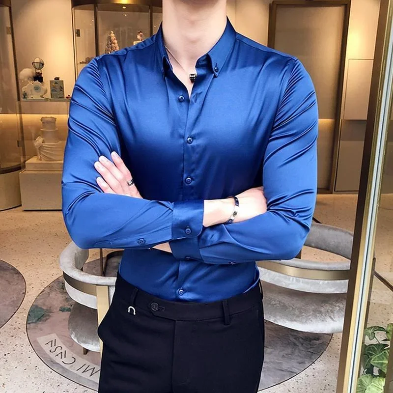 Plain Long Sleeve Shirts and Blouses for Men Business Silk Summer Button Man Tops Fashion 2023 Social High Quality Clothing S I