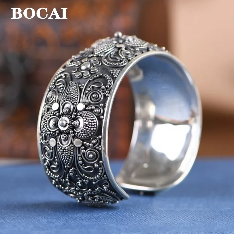 

BOCAI New Real S925 Silver Jewelry Vintage Elegant Art Hand-Made Flowers Wide Version Women's Bracelets Christmas Gifts