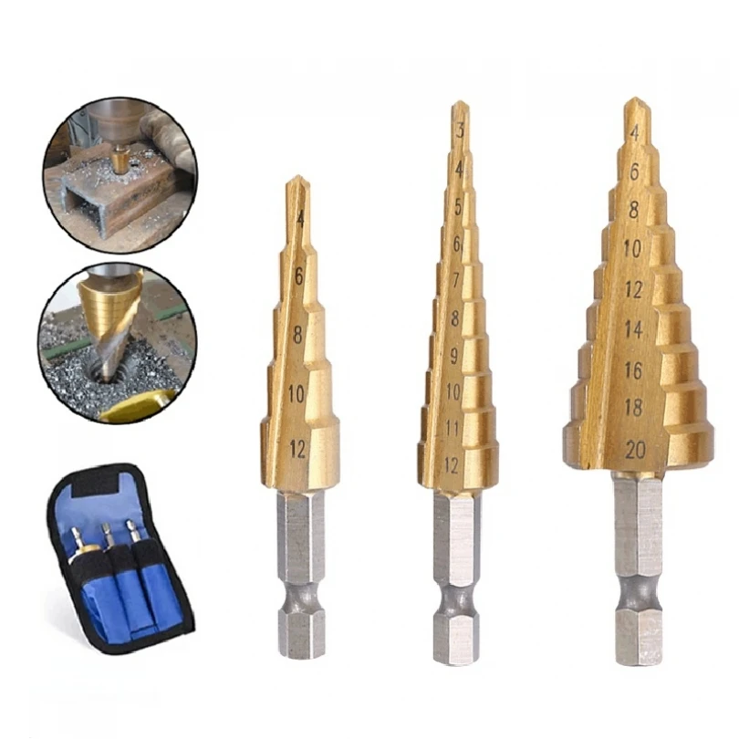 3pcs 3-12mm 4-12mm 4-20mm Two Flute Design HSS Straight Groove Titanium Coated Step Drill Bit for Cutter Core Drilling Tools