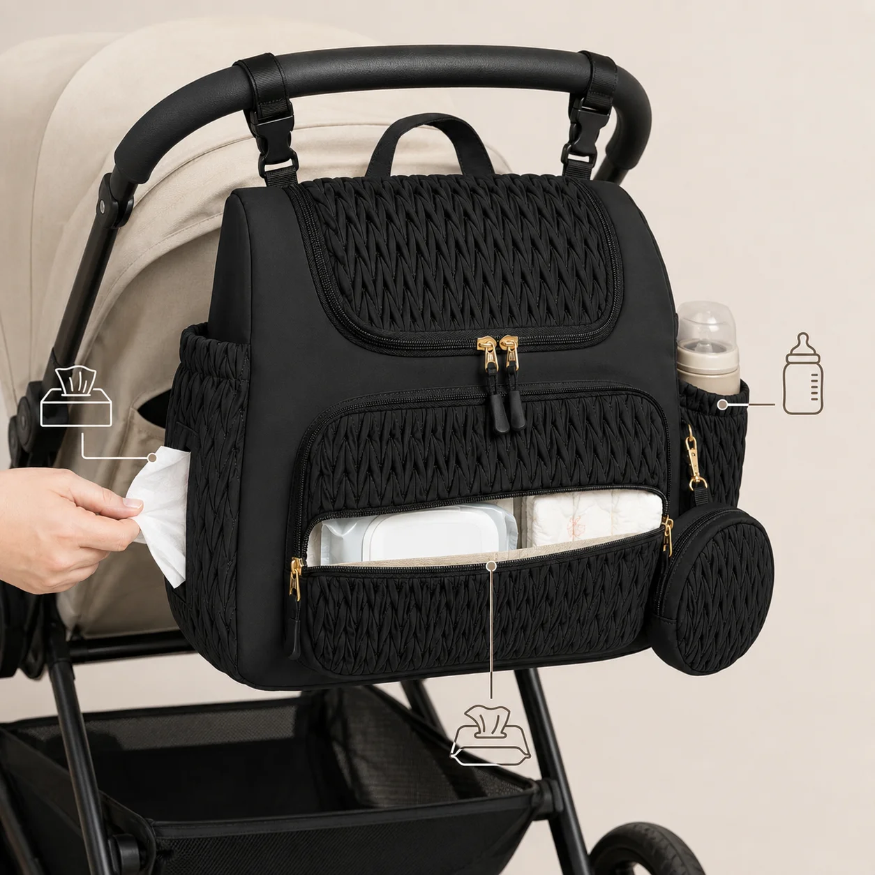 Zaino Fasciatoio per Passeggino con 4 Tasche Termiche per Biberon, Materassino Cambio e Ampia Borsa da Viaggio per Neonati, per Mamma e Papà - immagine 4