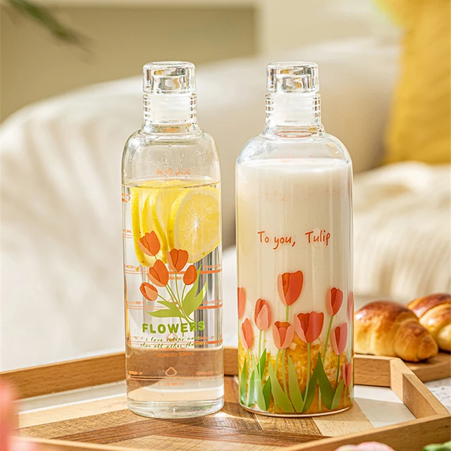 Glass Water Bottle Exquisite Tulip Printing Time Scale Cup Girls Large  Capacity Portable Flower Juice Bottle Glasses with Lid - AliExpress