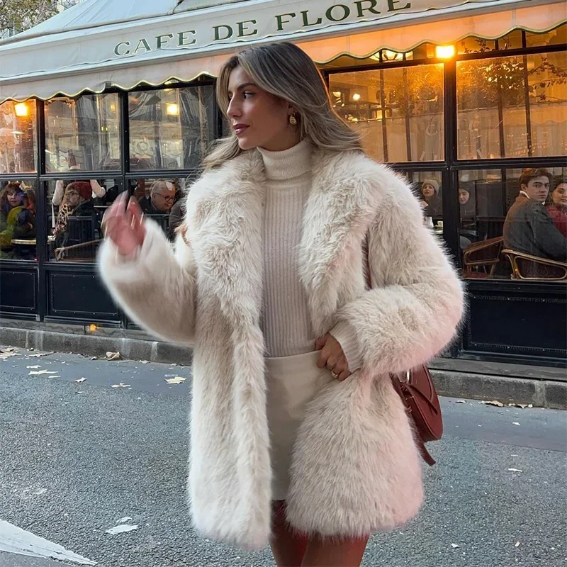 Fashion Solid Fluffy Faux Fur Coat Women Lapel Long Sleeve Thick Warm Loose Jackets 2025 Winter Elegant High Street Outerwear