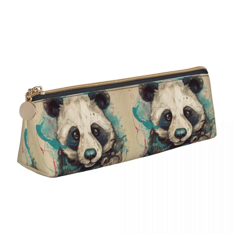 

Panda Leather Case Realism Cartoon Stationery Boy Girl Zipper Pencil Box Cute Large Capacity Triangle Pen Bag