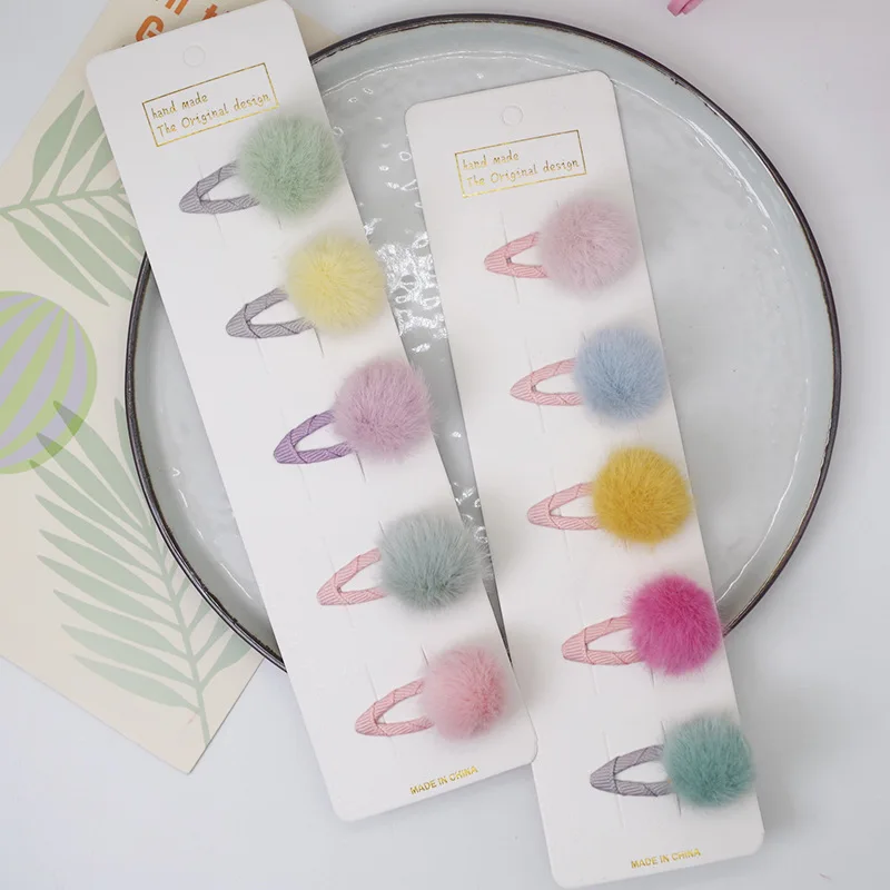5Pcs/Set Pompom Baby Hair Clips Colorful Plush Ball Kids Hairpins Princess Girl Barrettes Children Headwear Photo Props BB Clip 3