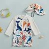 0-5Years Kids Boy Rash Guard Swimsuits Shark Print Long Sleeve Half Zip-up Bathing Suit with Sun Hat 2 Pcs Swimwear for Toddler 3