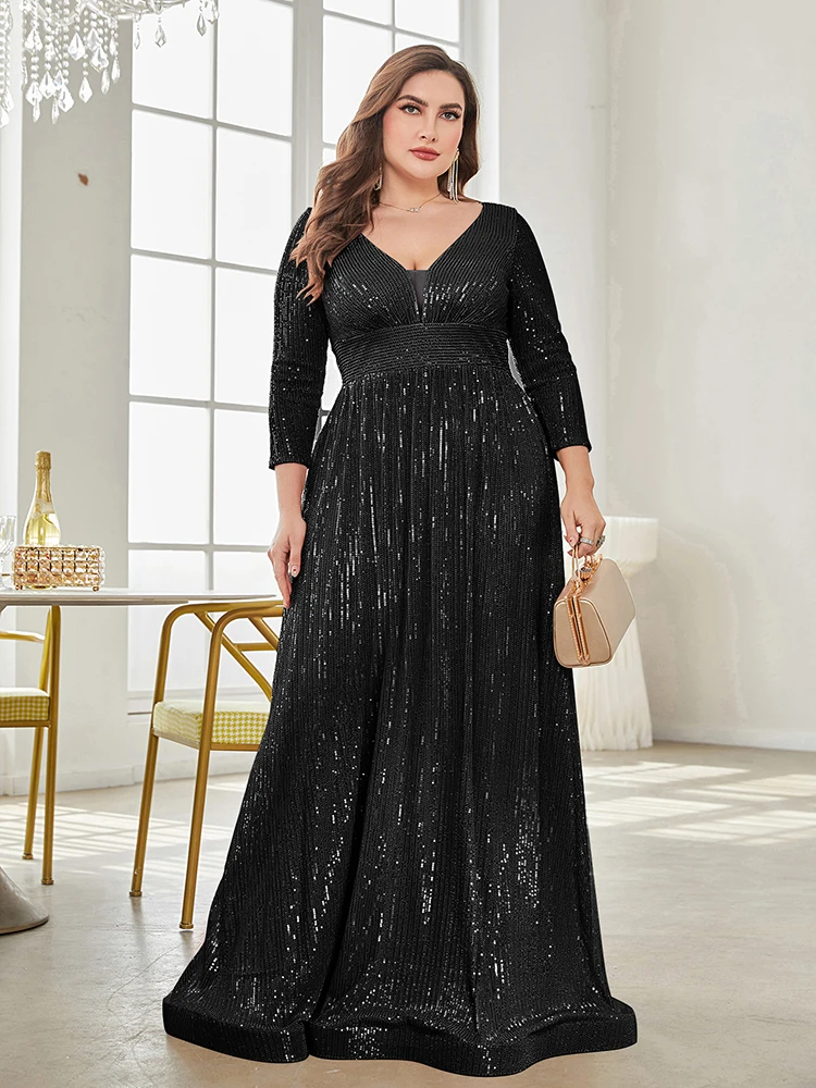 

XUIBOL Plus Size Elegant VNeck Sequin Evening Dress 2024 Women Formal Maxi Prom Long Sleeves Party Mermaid Luxury Cocktail Dress