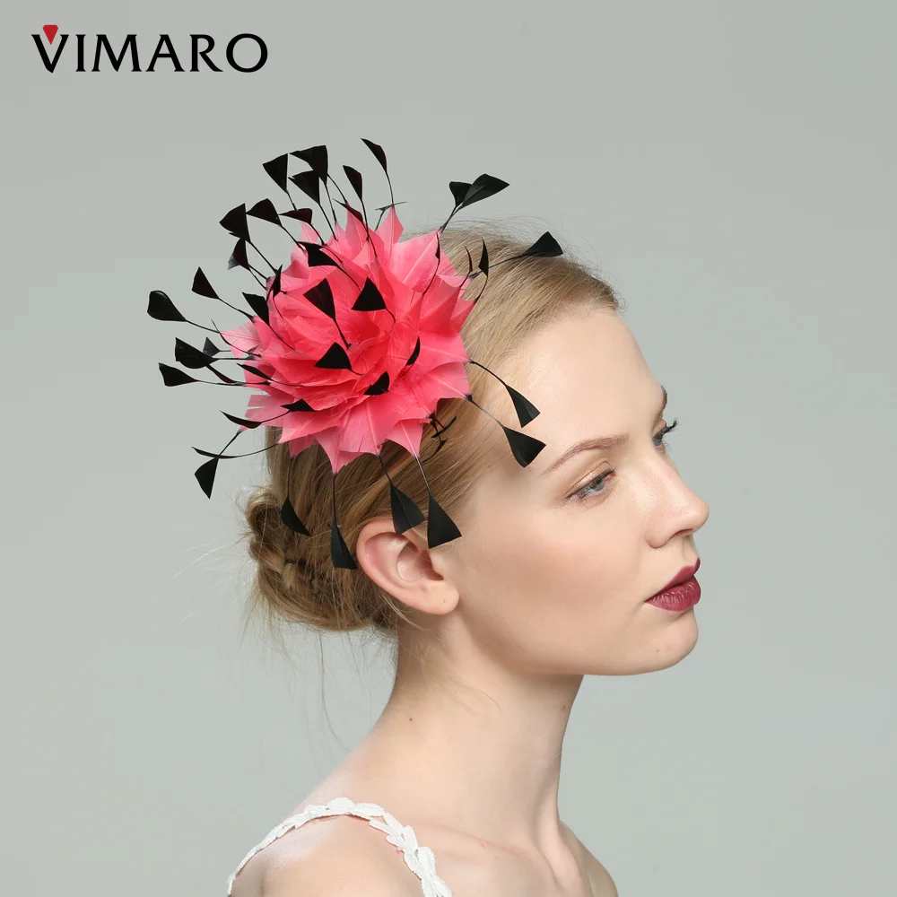 Фото Шляпка VIMARO женская с розовыми и черными перьями, элегантная Вуалетка для церкви и свадьбы, Дерби №3
