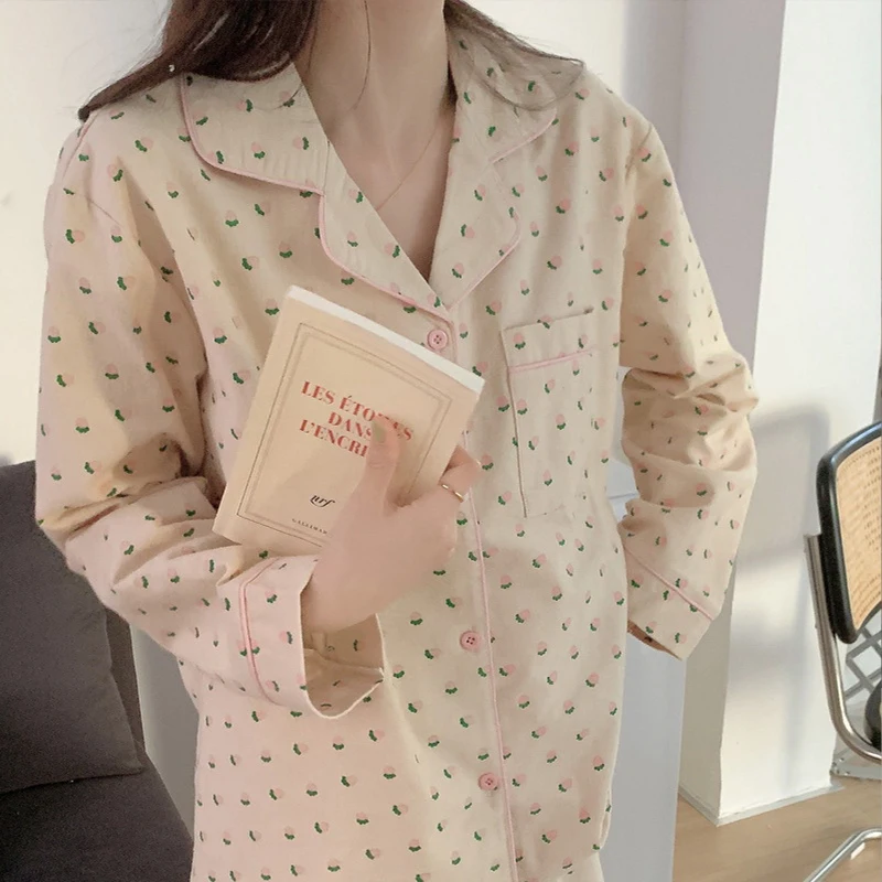 Women Pajamas Set Korean Summer Cute Heart Print Long Sleeve