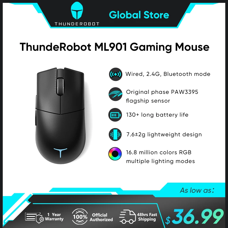 Thunderobot-mouse para Jogos sem Fio Ml901 Três Modos Bluetooth 2.4g com Fio Design Ultra Leve Paw3395