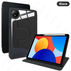 Enhanced Tablet Case with Pencil Holder, 360° Rotating Stand, Transparent Acrylic Cover, Auto Wake/Sleep Function (Black)