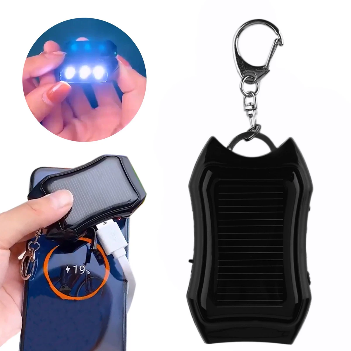 Solar Power Bank Keychain 1200mAh Solar Charger Keychain with 3 LED Mini Portable Panel Charger Camping Survival Emergency battery charger
