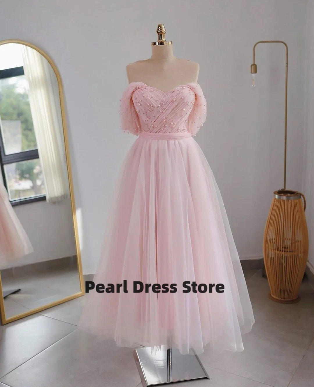 

Luxury Sweetheart Tulle Prom Dress Bubble Sleeve Flower Decal A-line Formal Party Dress Long Evening Dress