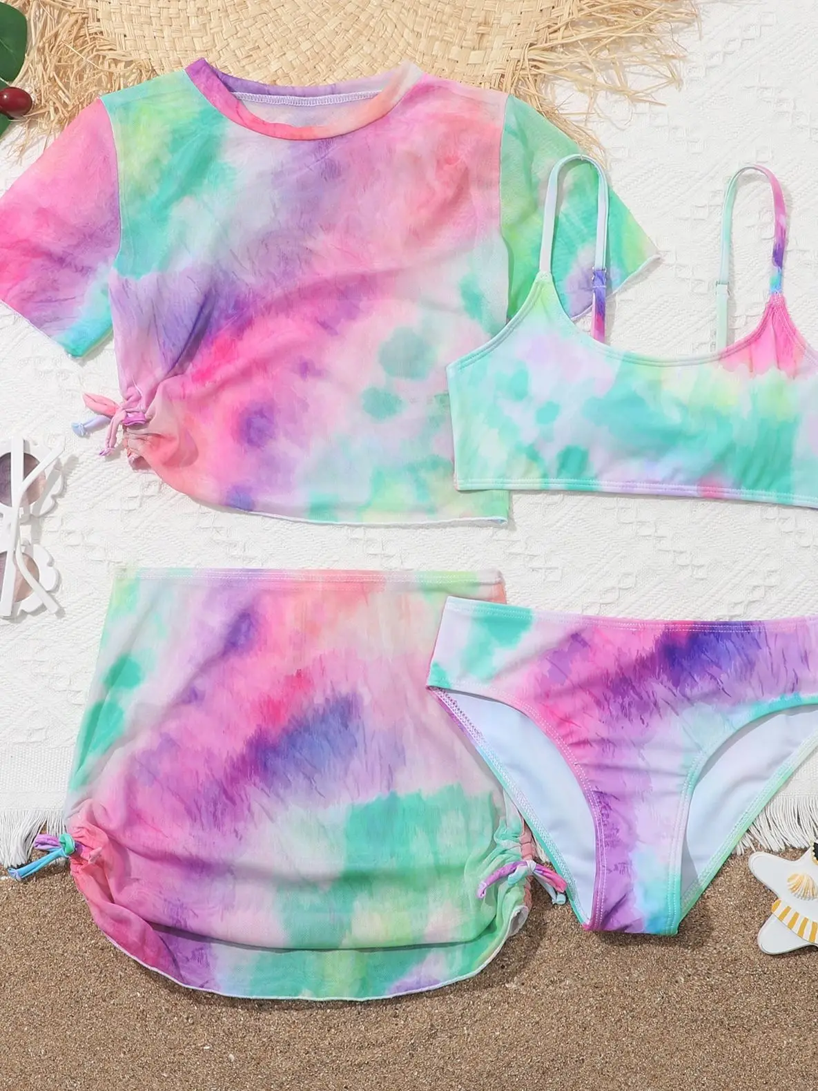 4 Pieces Bikinis Set Top & Skirt 2025 Girls Swimsuit Kids Swimwear Female Children Bathers Bathing Swimming Swim Suit Beachwear 5