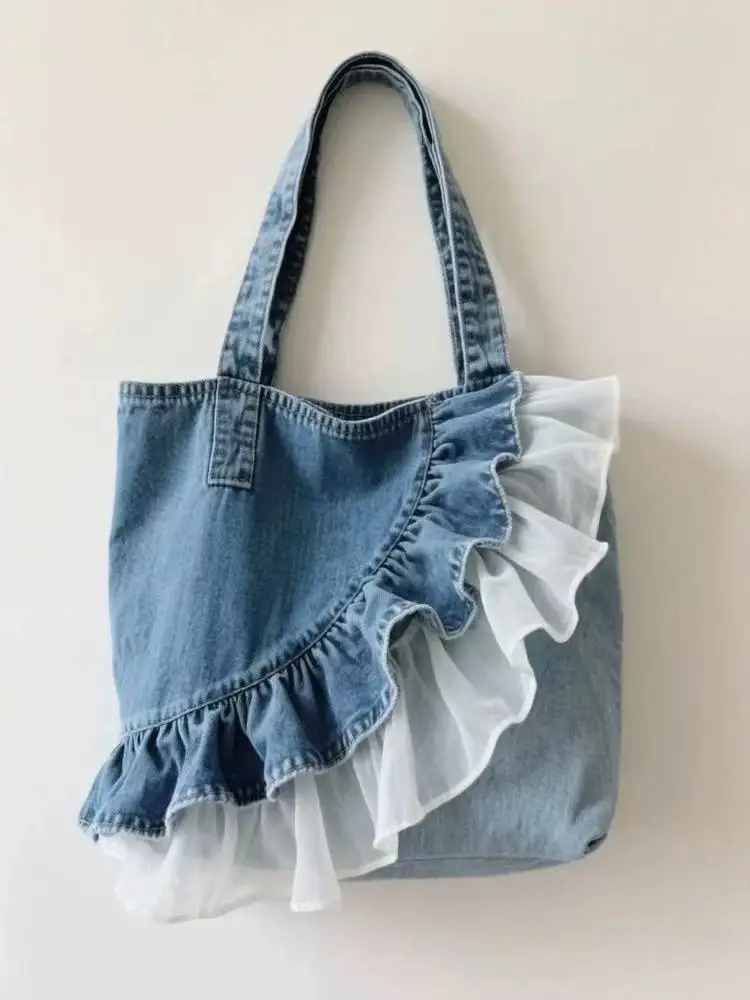 JIAERDI Large Capacity Sweet Denim Lace Shoulder Bags Women Fairy Core Tote Bag Handbag Female Fashionable Y2k Bag Aesthetic