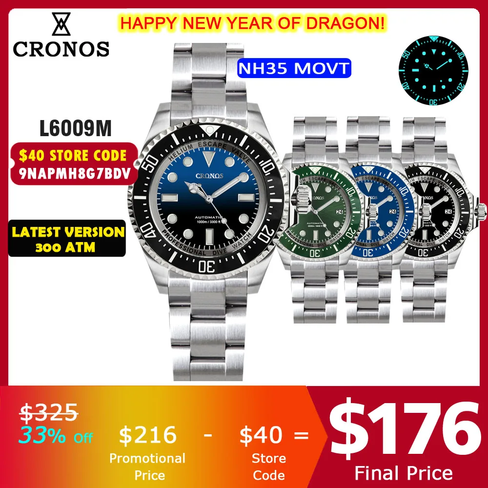 Cronos Orologio Subacqueo Automatico Acciaio Inossidabile 2000 Metri Resistenza All'Acqua Subacqueo Professionale L6009M