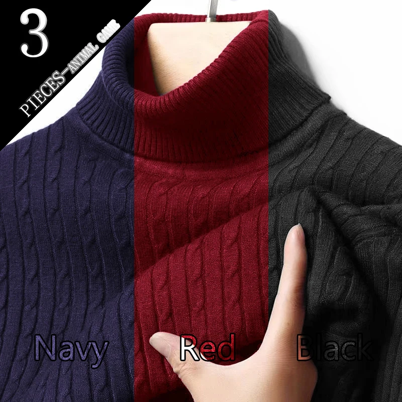 Animal Game 3 Pack Men's Turtleneck Sweater Warm Knitted Pullover for Men Jacquard Casual Long Sleeves Outerwear Warm Streetwear