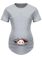 Hello Month & Cartoon Character Print Maternity T-Shirt, Round Neck Short Sleeve Pregnant Women's Top For Pregnancy Announcement 1