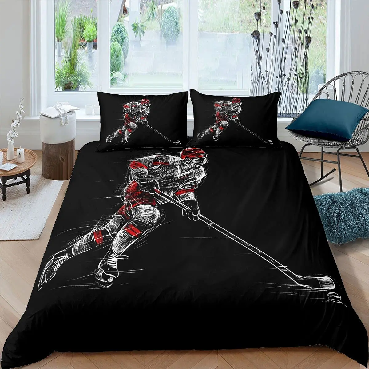 Ice Hockey Duvet Cover Set Boys Puck King Size Sports Games Theme Bedding Set For Kids Youth Adult Men Winter Match Quilt Cover 2