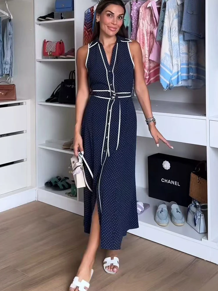 TFMLN Women's Temperament Polka Dot Printed Midi Dress Chic Belt Decor Sleeveless Shirt Commuting Style Dress Female Summer New