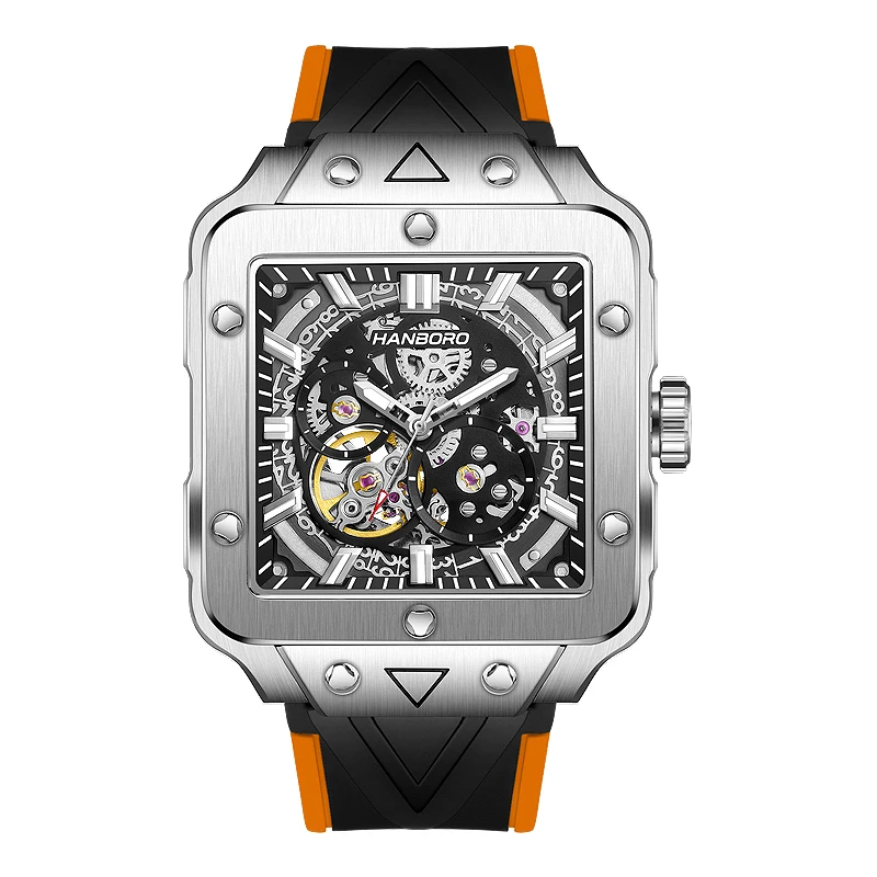 

HANBORO Men Automatic Watch 42mm Luxury Square Mechanical Wristwatch 3ATM Waterproof Luminous Skeleton Dial