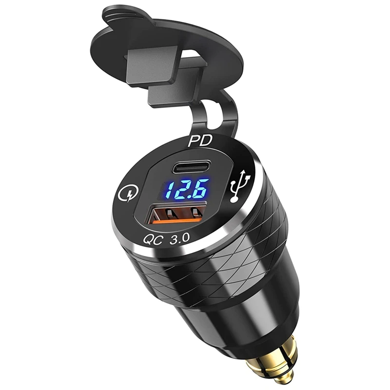 Фото Быстрое зарядное устройство PD 3.0 Type C USB разъем Din к USB и 18 Вт QC 3.0 розетка с вольтметром для мотоцикла Ducati BMW 12-24 В №1