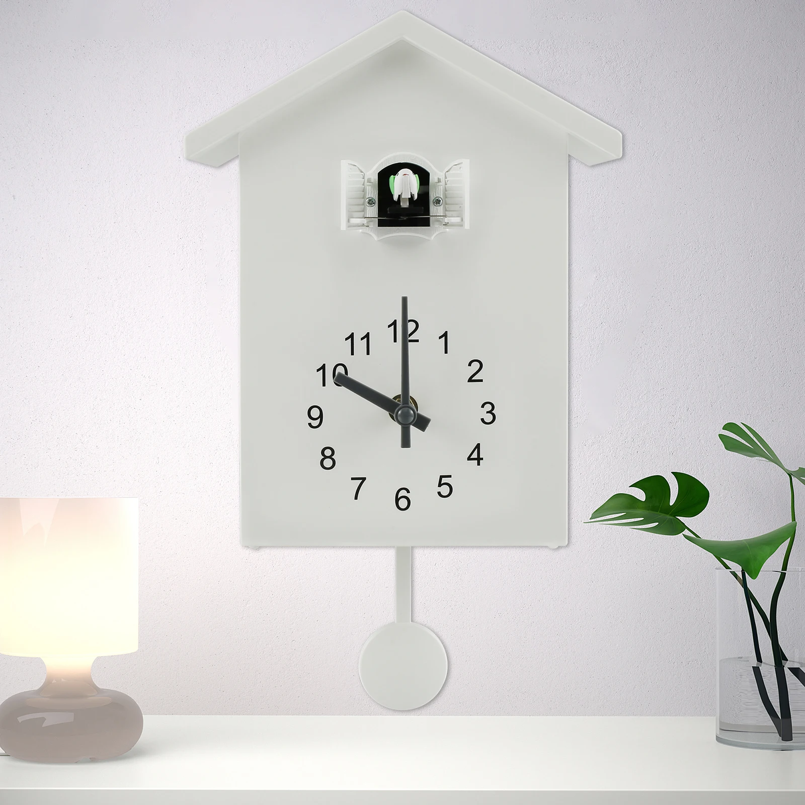 Minimalist White Cuckoo Clock - Battery Powered, Pendulum, Bird Chirps On The Hour (7am-8pm)