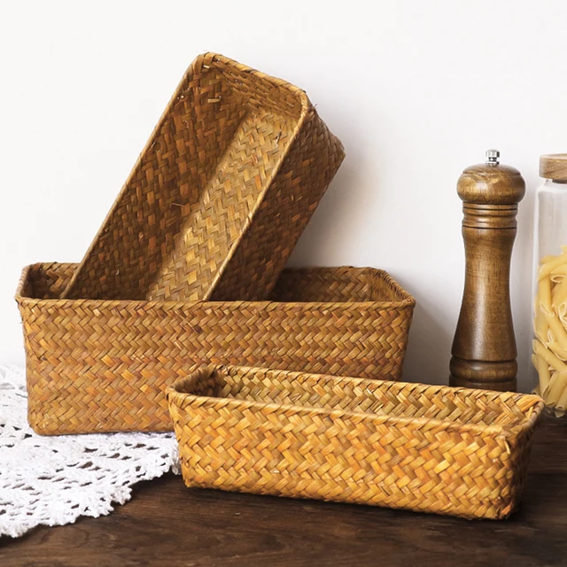 Woven Seagrass Wicker Storage Basket Rectangular Straw Rattan Basket Multipurpose Fruit Cosmetic Sundries Storage Organizer 1