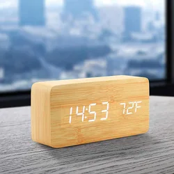 Digital Alarm Clock Wooden LED Table Clock with Temperature for Bedroom Office Travel Desk Decorations