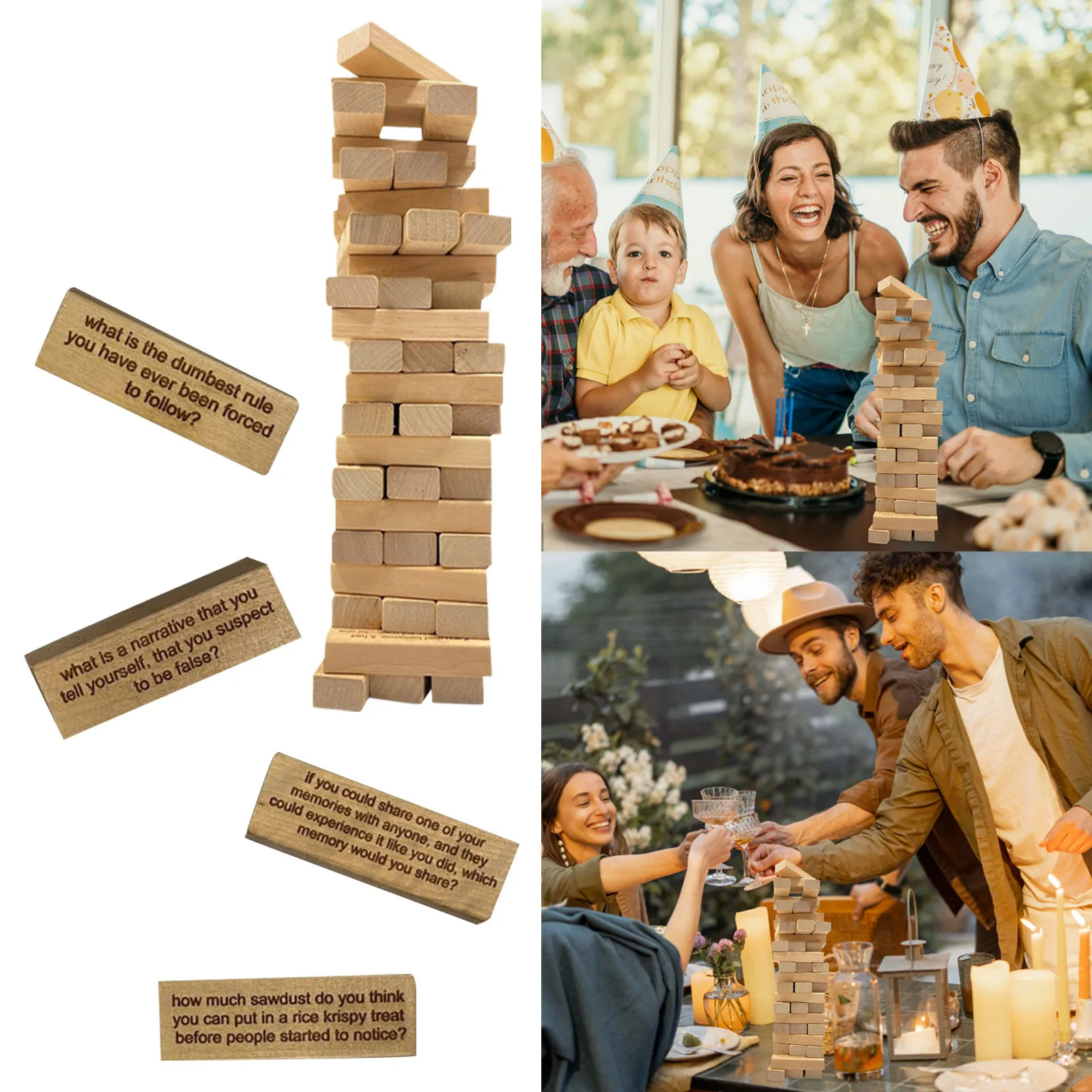 54pcs Ice Breaker Questions Tumbling Tower Game, Wooden Stacking Tower Games, For Team Party & Family Game Night 5