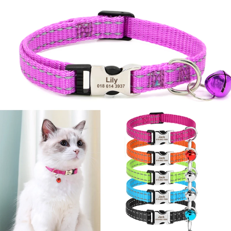 Engraved Custom Cat Collar Reflective Kitten Puppy Collars With Bell Personalized Pet Cats
