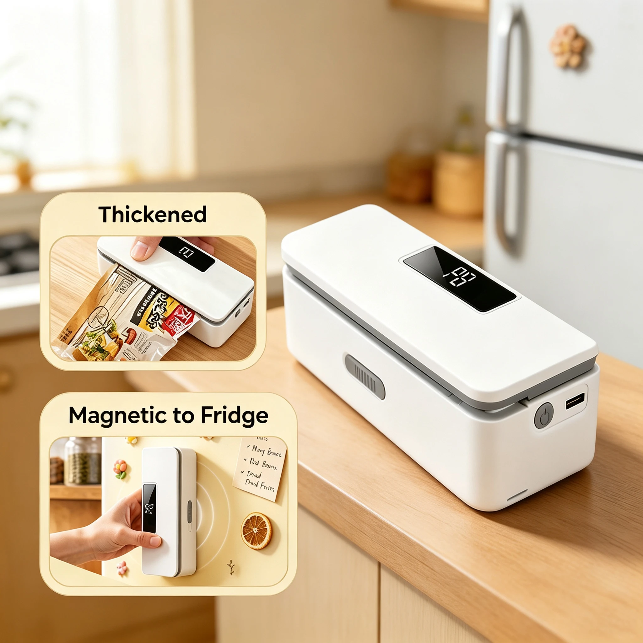 Mini food sealer with 8-temperature settings and magnetic storage