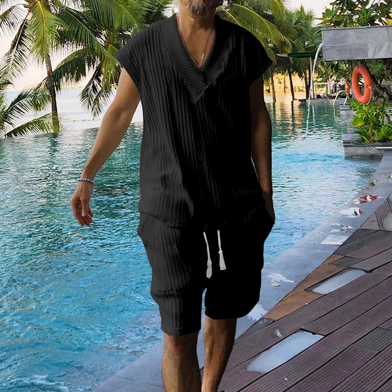 2024 Summer New Men's Set Quality Jacquard Knit Casual Sleeveless V-neck Vest Top Shorts Two-piece Men's Clothing Free Shipping S769a77345e2e4213afdcefd3ff526822X