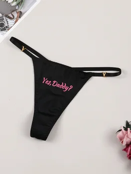 Varsbaby Divertente Lettera Stampata T-Back Perizoma da Donna a Vita Bassa con Stampe Yes Daddy Ragazza Lady Mutande Nere 1