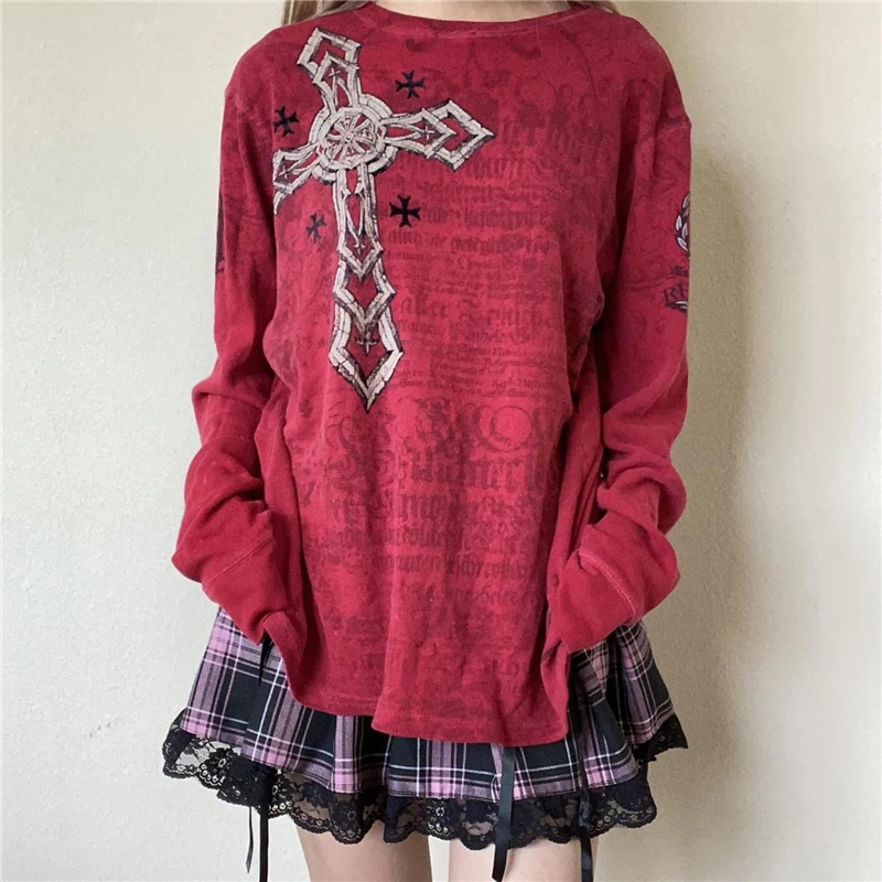 Fairy Grunge y2k Top Women Gothic Graphic Print Round Neck Long Sleeve T Shirt Emo Clothes 2000s Clothing Streetwear